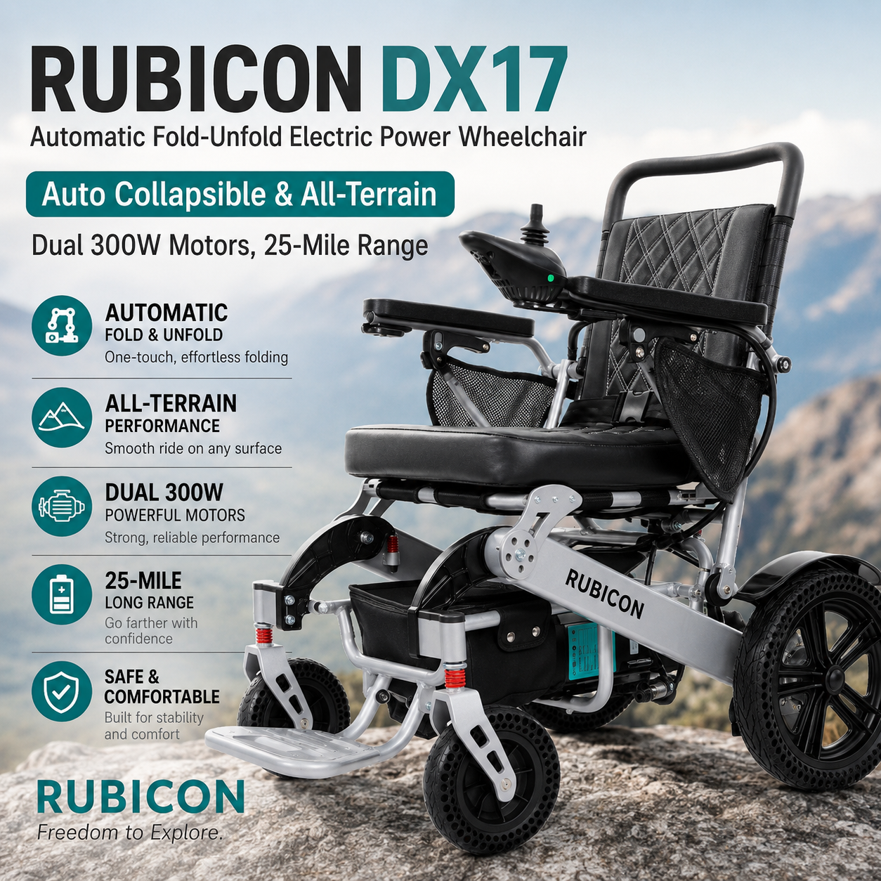 DX17 - Automatic Folding & Unfolding Portable Electric Wheelchair: Collapsible, Lightweight & All Terrain | Travel Friendly Power Wheelchair - Image 4